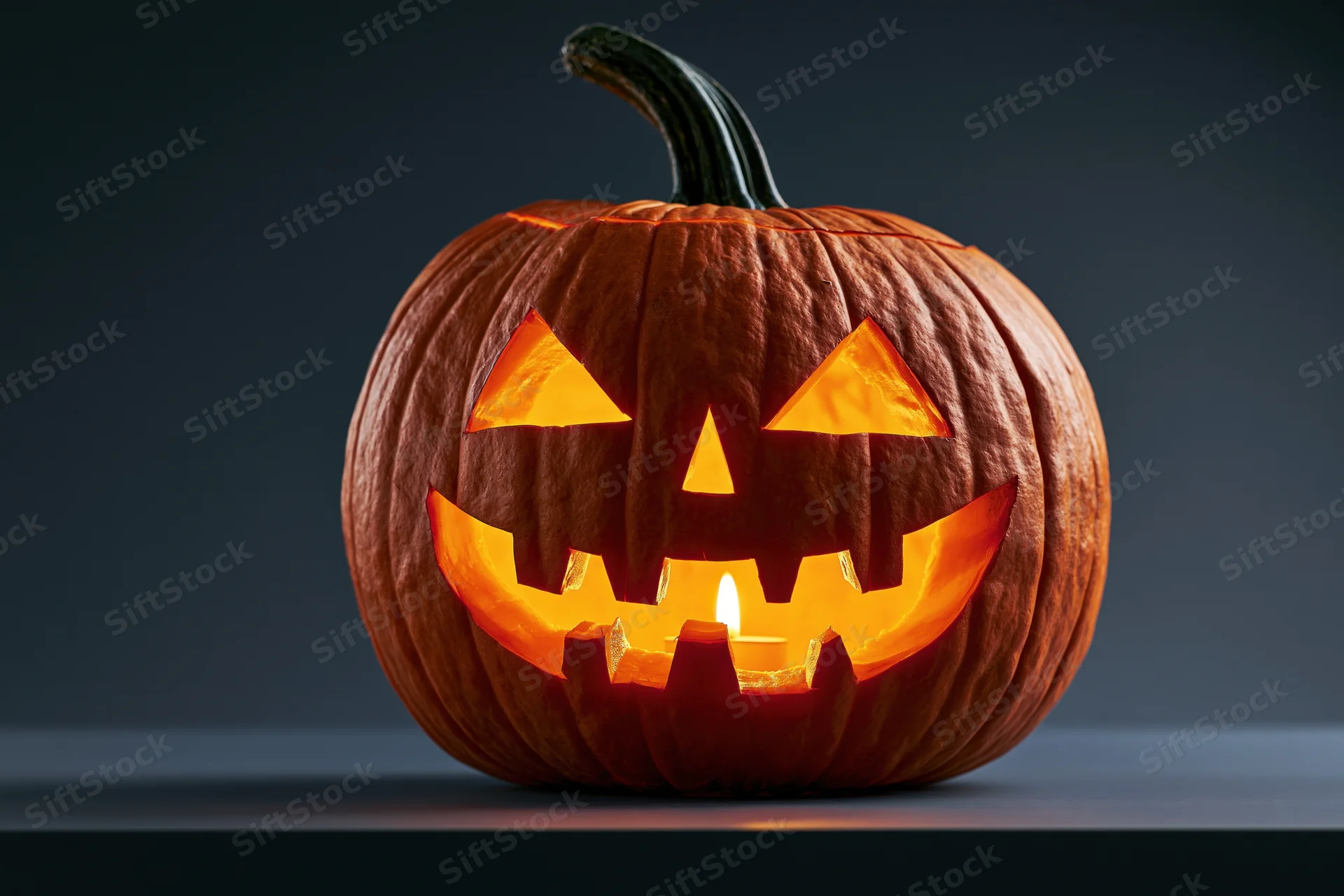 Carved pumpkin with glowing face lit from within on dark surface
