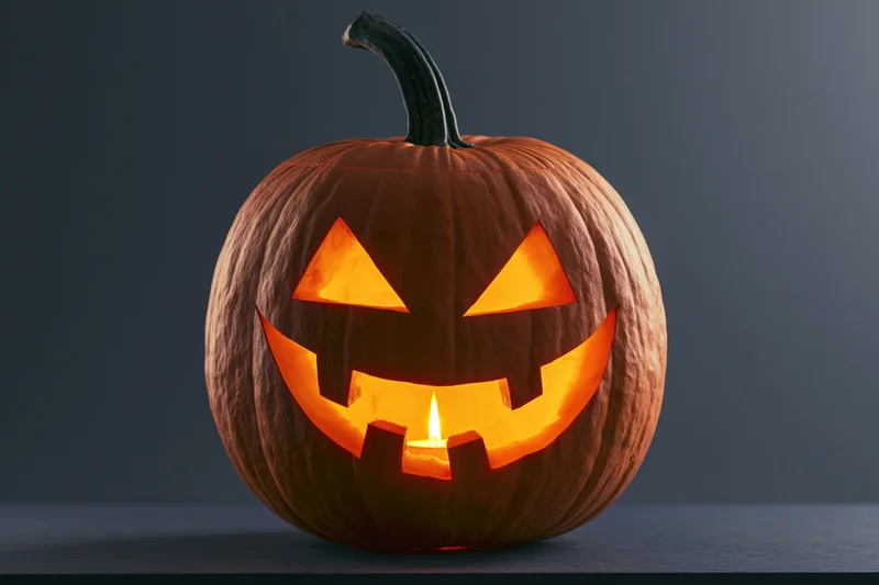 Carved pumpkin with glowing face lit from within on dark surface