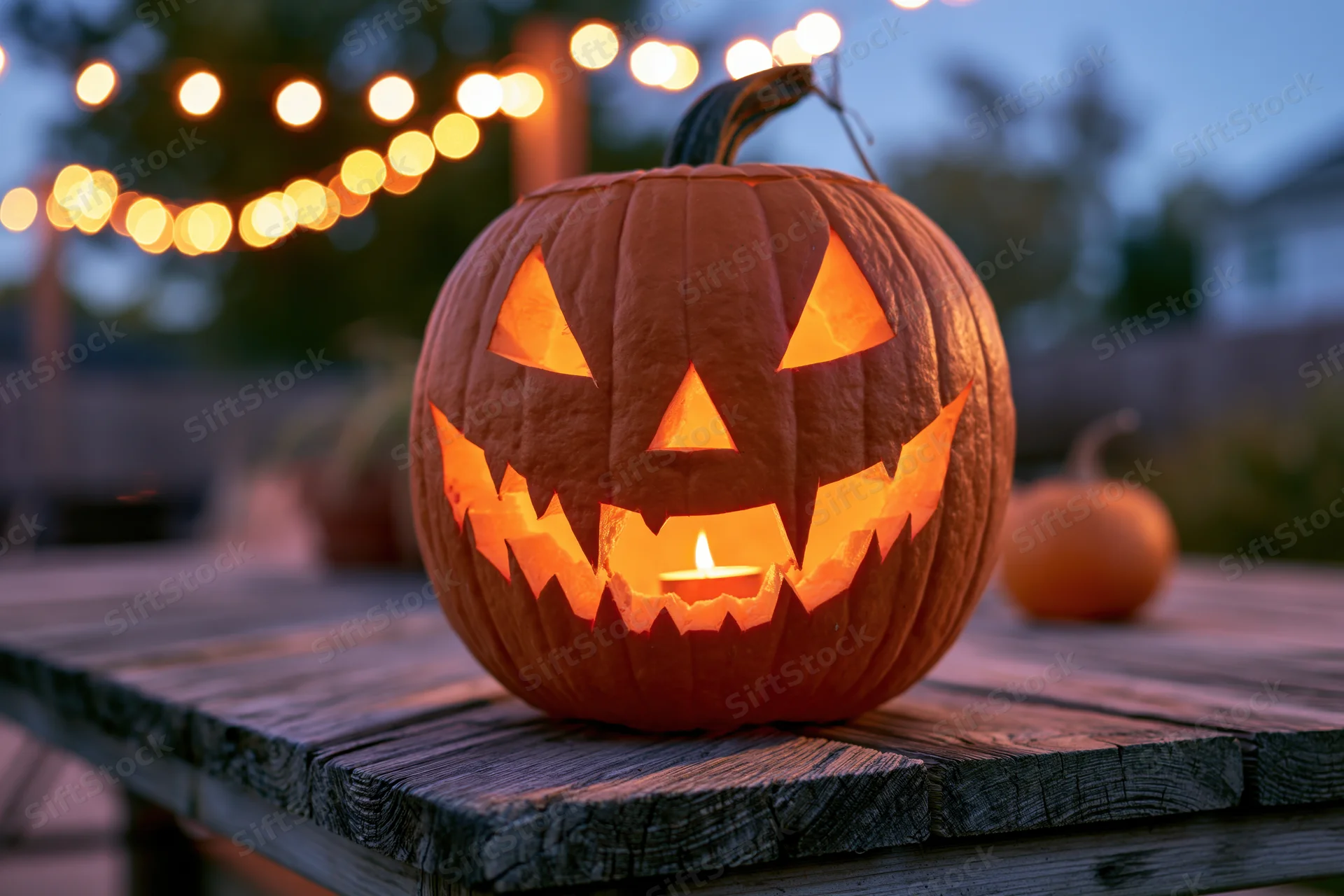 Carved jack-o-lantern glowing with candlelight on wooden table outdoors at dusk