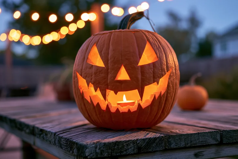 Carved jack-o-lantern glowing with candlelight on wooden table outdoors at dusk