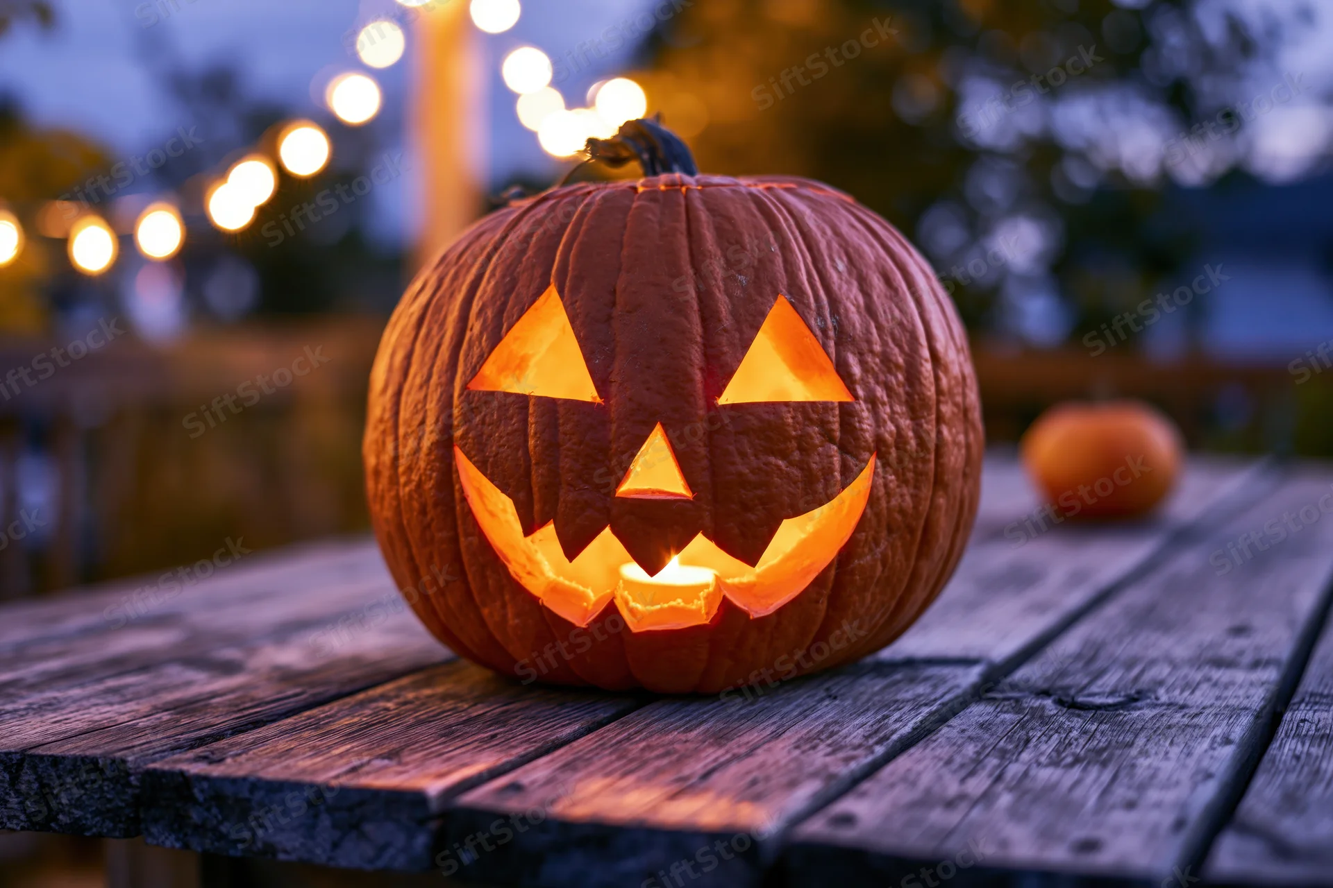 Carved jack-o-lantern glowing with candlelight on wooden table outdoors at evening