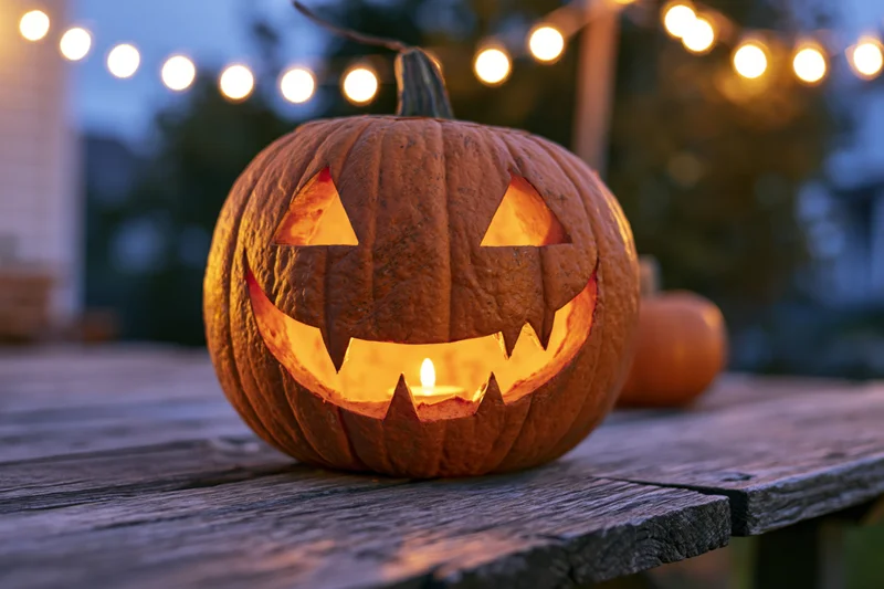 Carved pumpkin with glowing candle on wooden table at dusk outdoors