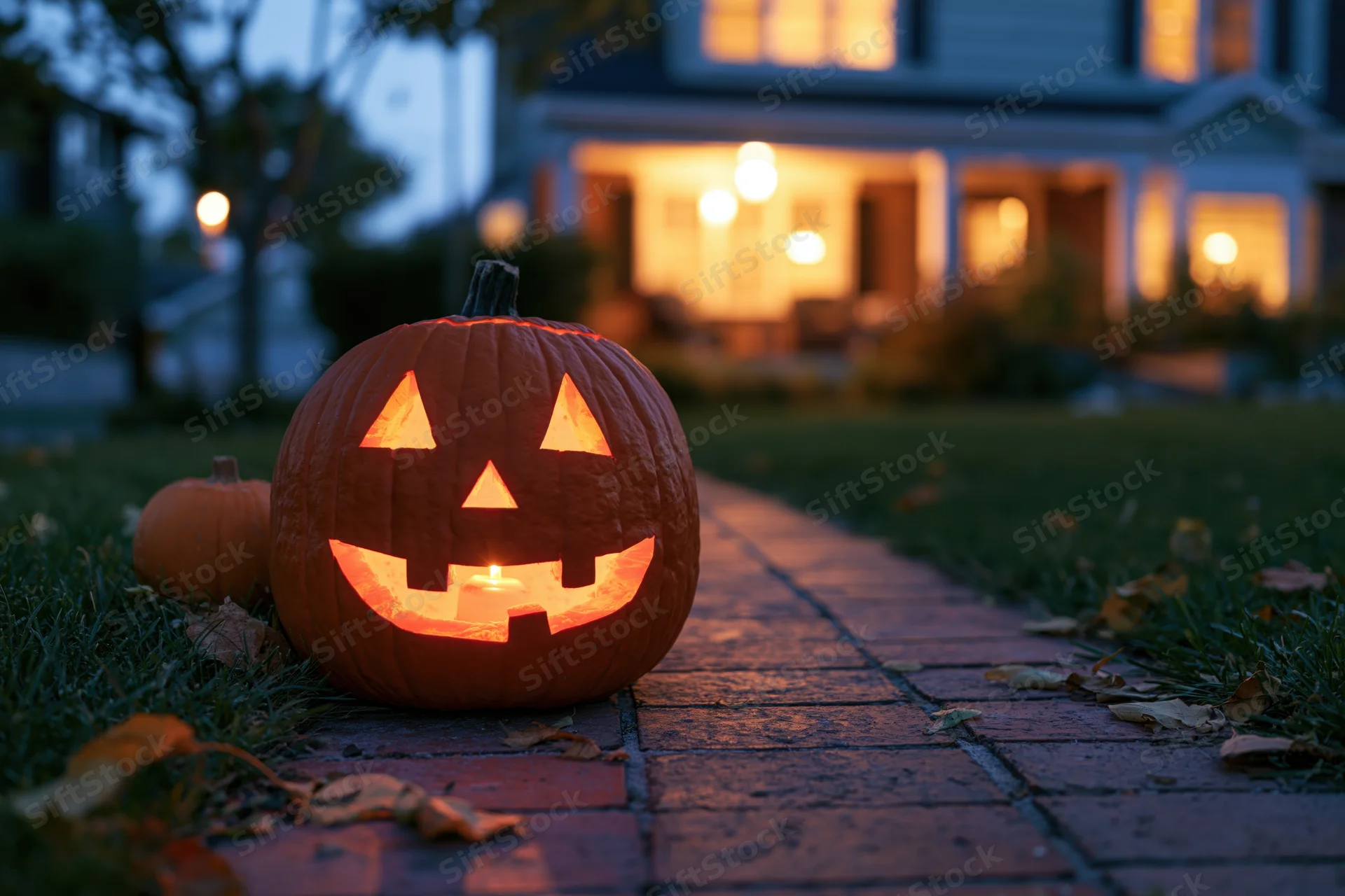 Carved jack-o-lantern glowing on brick pathway in front of house at twilight