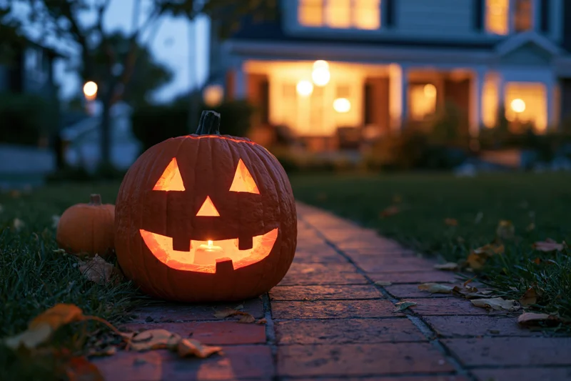 Carved jack-o-lantern glowing on brick pathway in front of house at twilight
