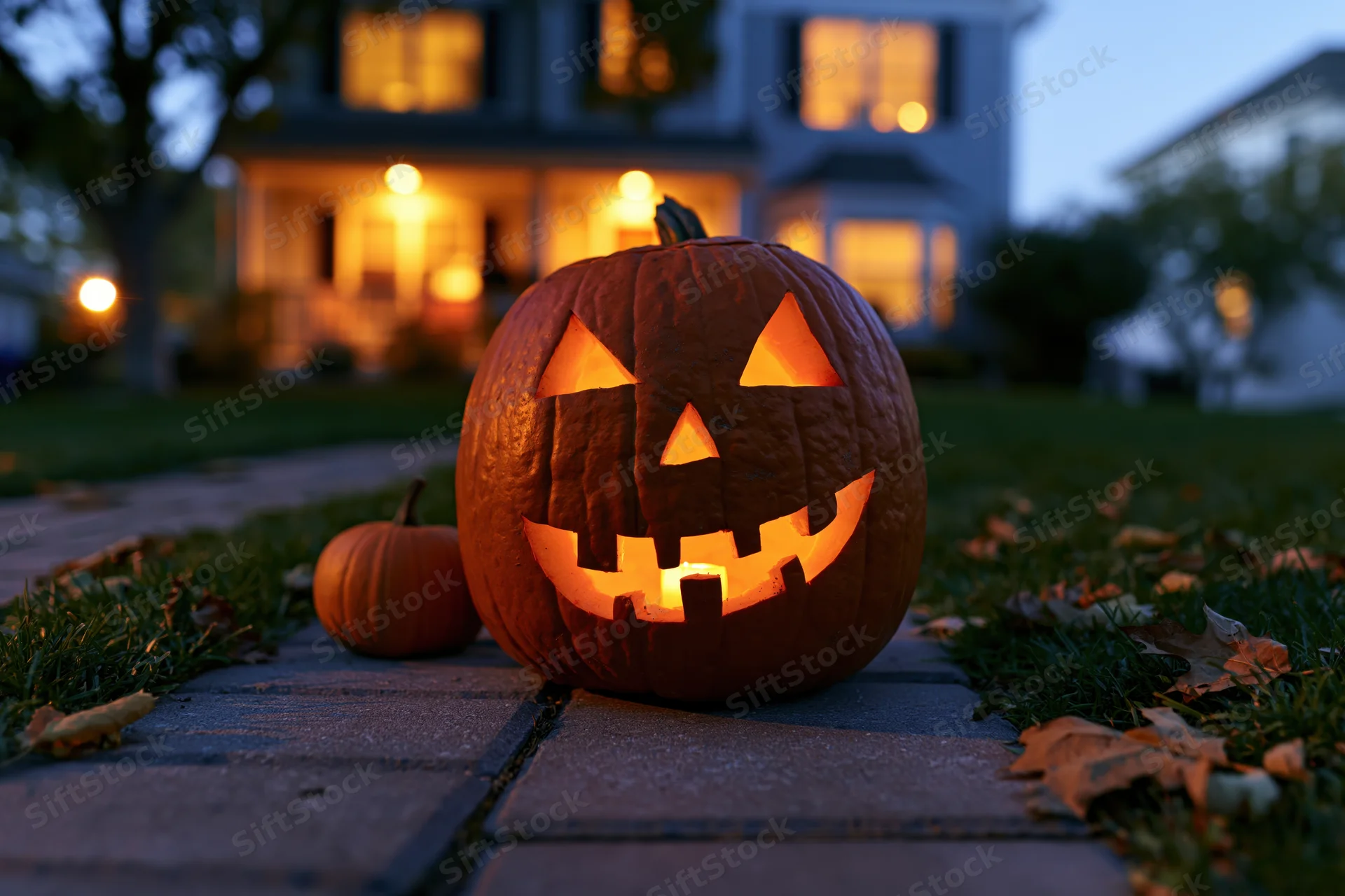 Carved jack-o-lantern glowing on brick pathway in front of house at dusk
