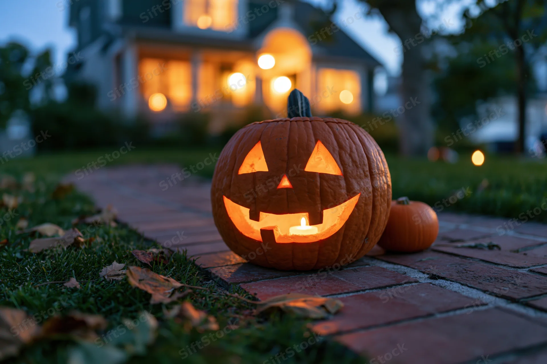 Carved jack-o-lantern glowing with candlelight on brick pathway in front of house at twilight