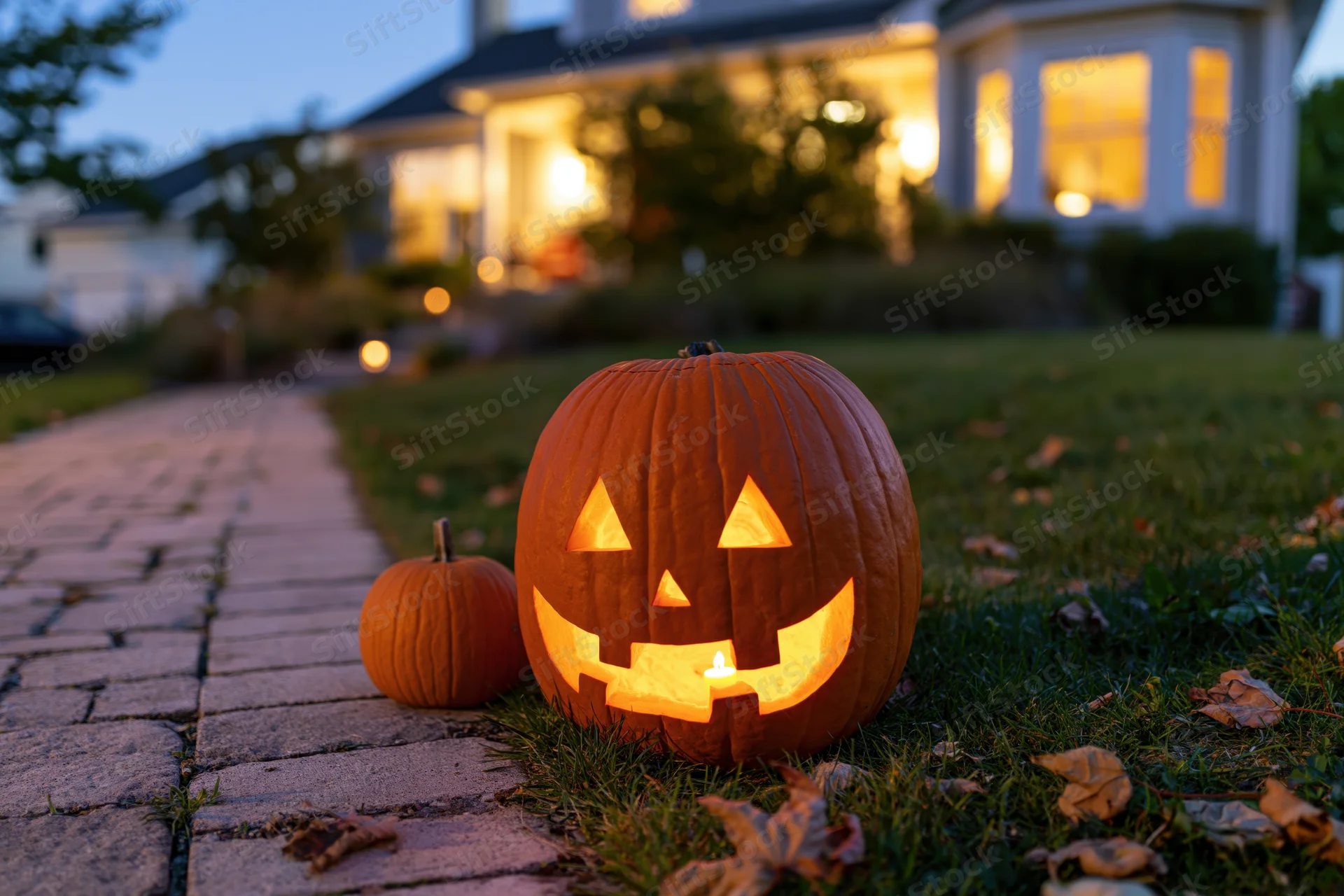 Carved jack-o-lantern glowing on a brick path beside a house at twilight