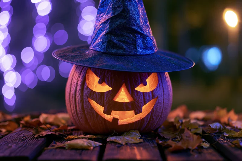 Carved jack-o-lantern with glowing face wearing blue glittery witch hat on wooden table surrounded by autumn leaves at night