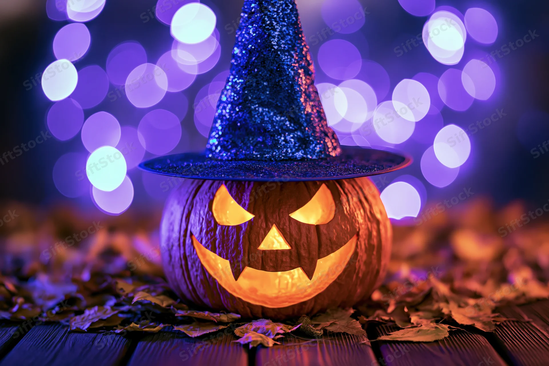 Carved jack-o-lantern with glowing face wearing blue glittery witch hat on wooden table surrounded by autumn leaves under purple bokeh lights
