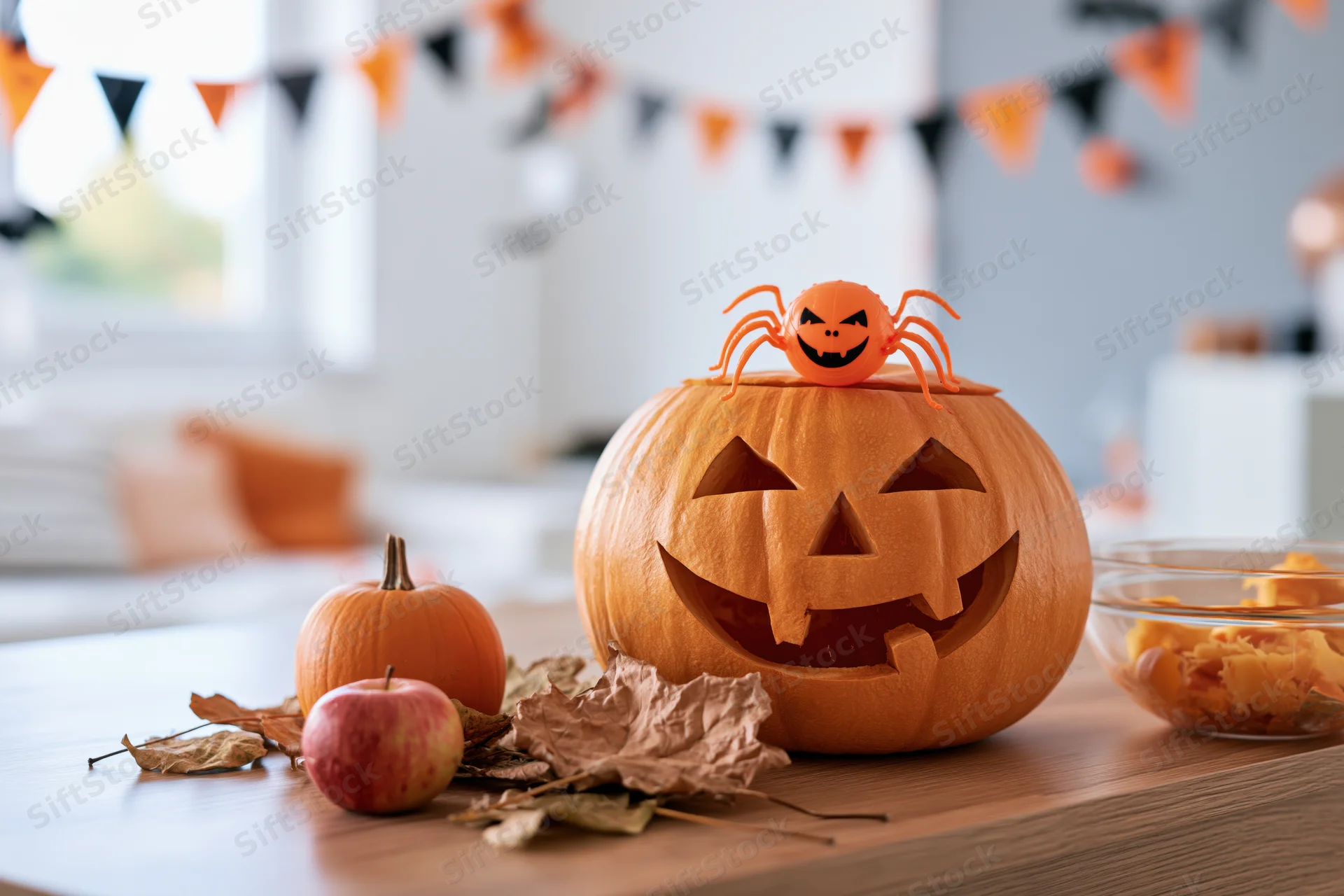 Carved jack-o-lantern with a smiling face and a plastic spider on top on a wooden table surrounded by autumn leaves, an apple, and a bowl of pumpkin pieces during a halloween party setup