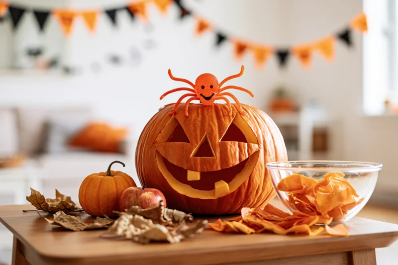 Carved jack-o-lantern with smiling face and orange spider on top on wooden table surrounded by autumn decorations and treats