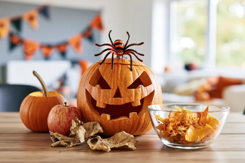 Carved jack-o-lantern with a spider on top on a wooden table surrounded by pumpkins, an apple, dried leaves, and a bowl of seeds