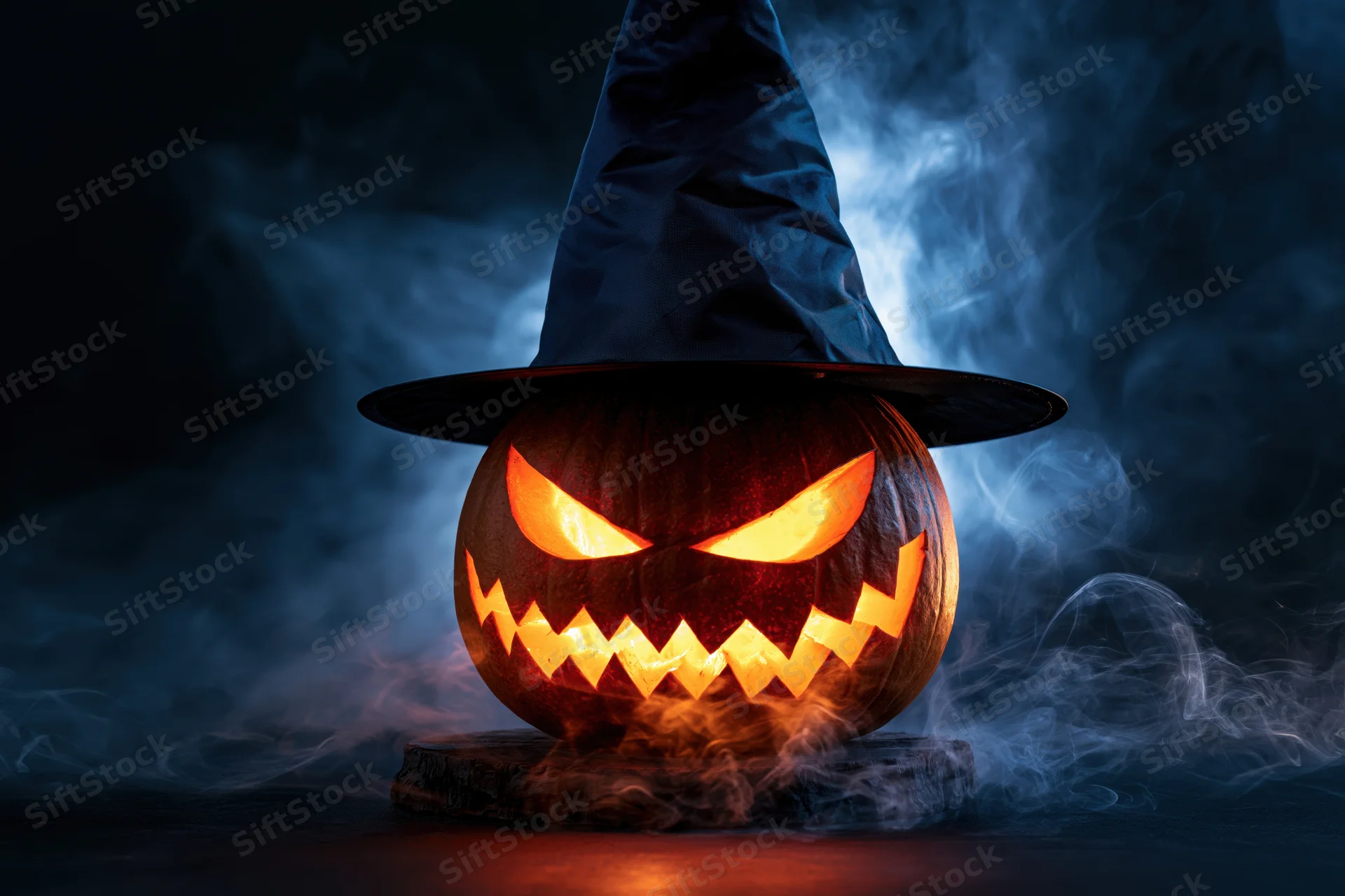 Carved jack-o-lantern with glowing jagged face and witch hat in dark smoky setting