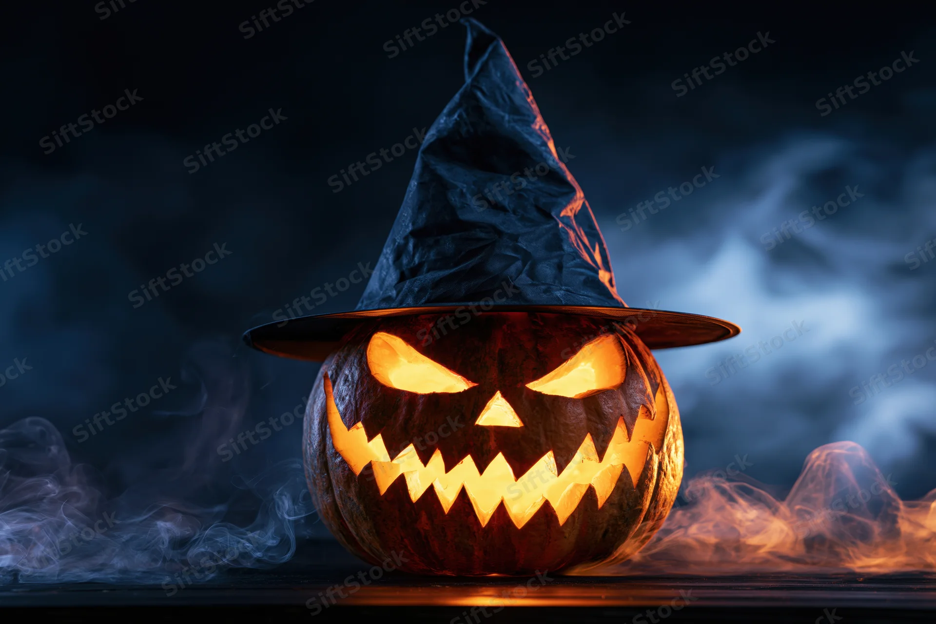 Carved jack-o-lantern with glowing jagged face wearing witch hat in smoky dark setting