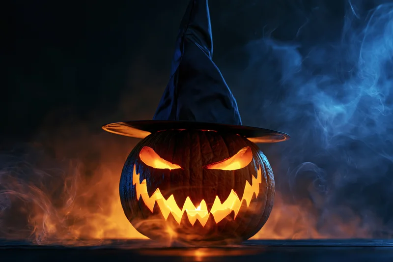 Carved jack-o-lantern with jagged glowing face wearing witch hat in smoky dark setting