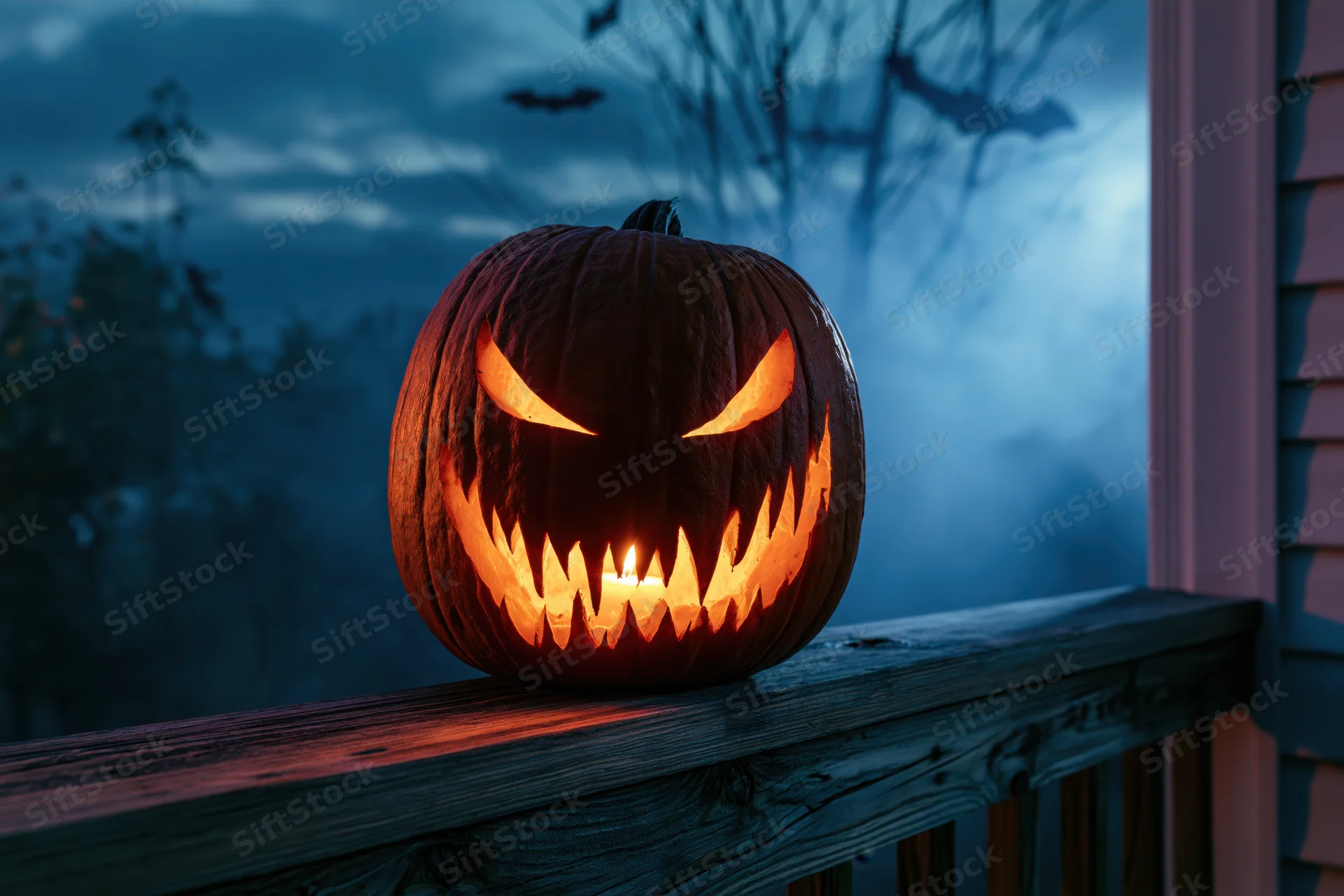 Carved jack-o-lantern with jagged grin glowing on wooden porch railing at night