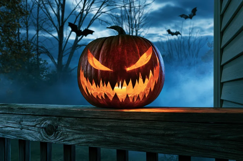 Carved jack-o-lantern with jagged grin glowing on wooden porch railing at night