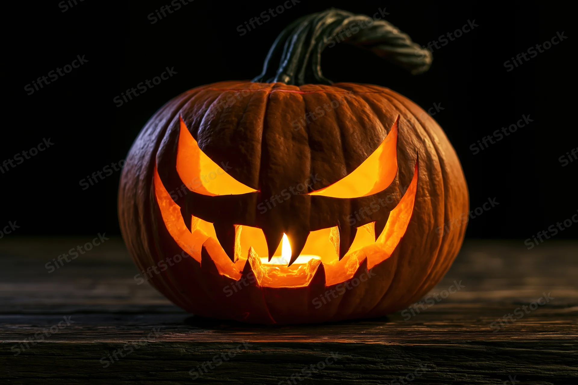 Carved pumpkin with menacing face glowing from candlelight on wooden surface