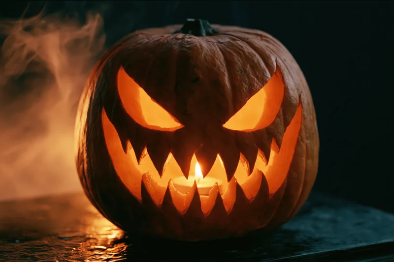 Carved pumpkin with jagged grin lit by candle on dark surface with smoke