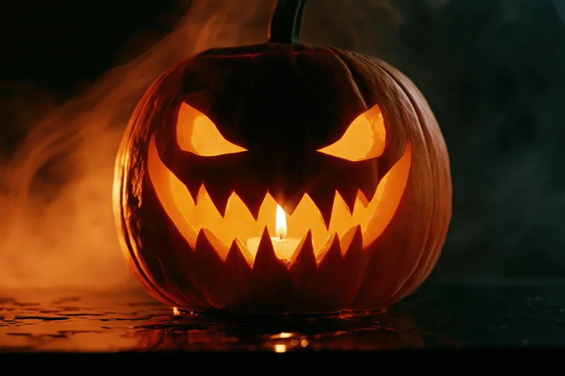 Carved pumpkin with jagged grin lit by candle in dark smoky setting