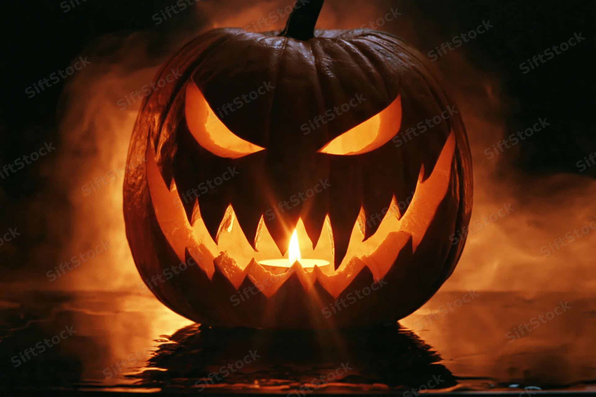 Carved jack-o-lantern with jagged grin glowing in dark water surrounded by smoke