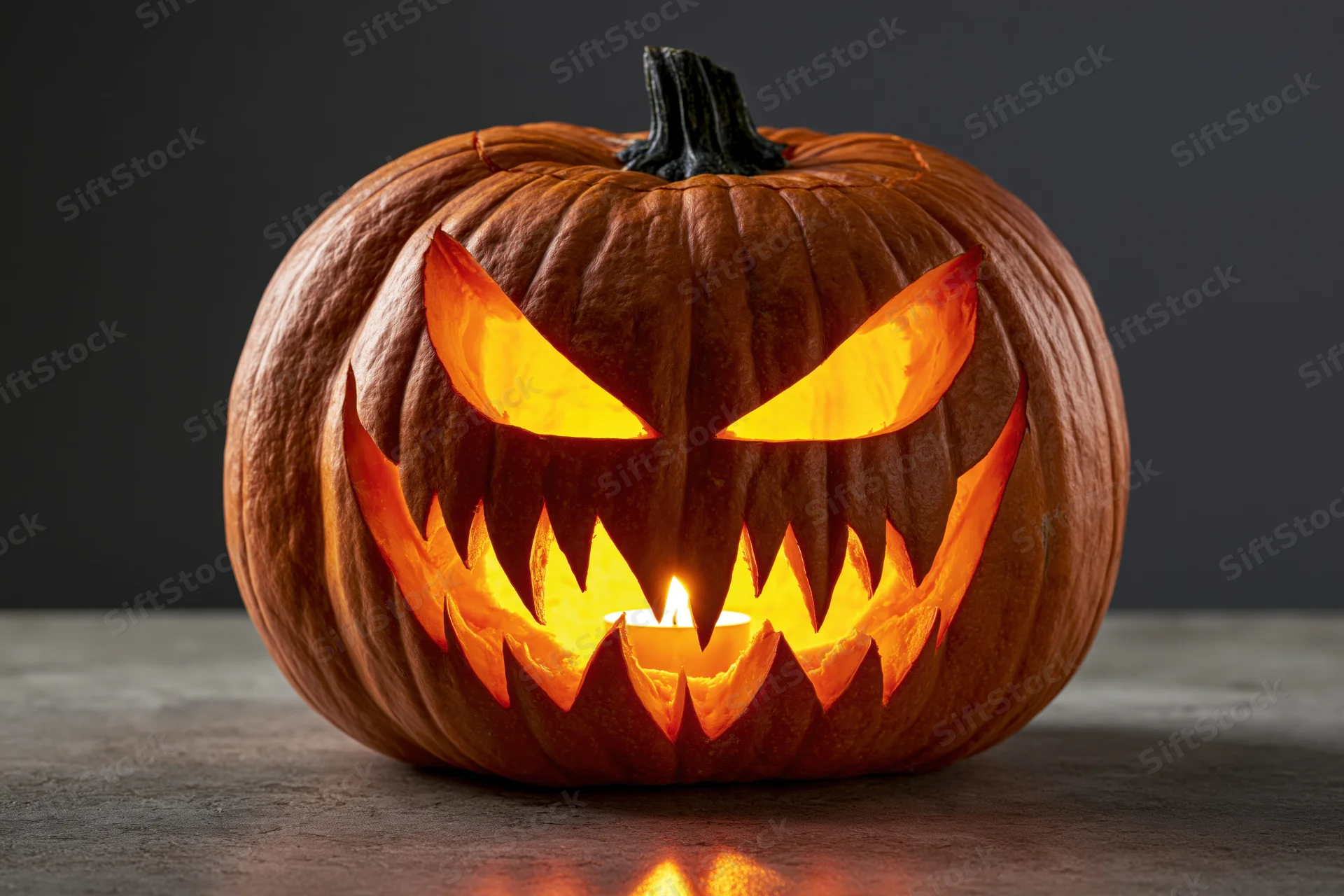 Carved pumpkin with glowing angry face on dark surface