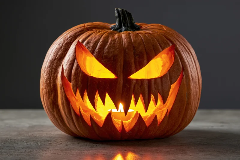 Carved pumpkin with glowing angry face on dark surface