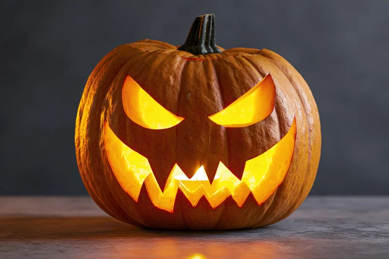 Carved pumpkin with glowing angry face on dark surface