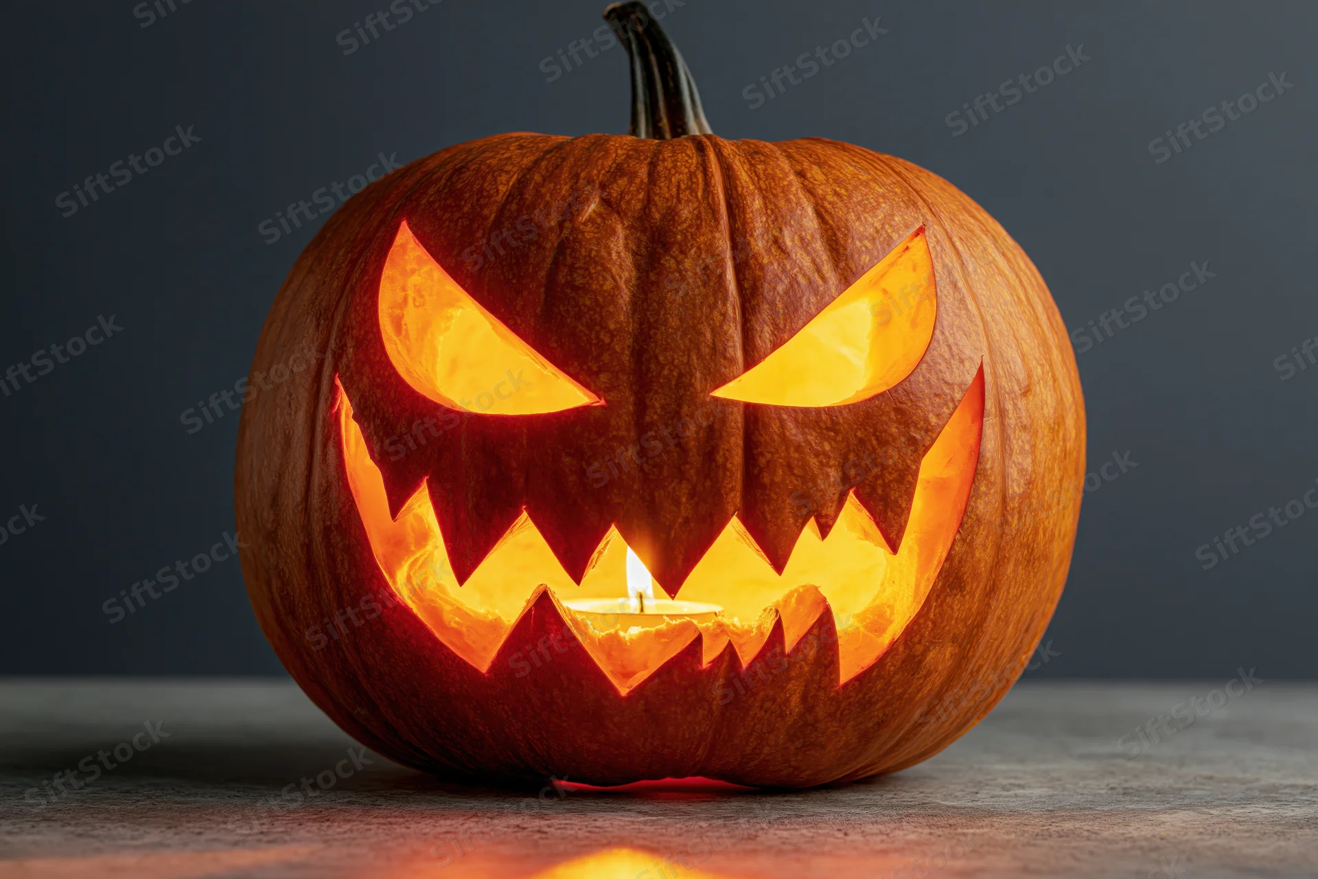 Carved pumpkin with glowing angry face lit by candle on dark surface