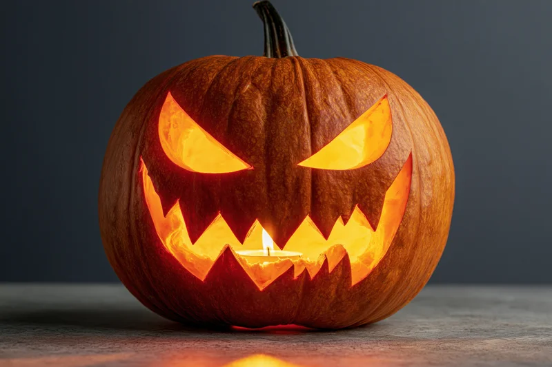 Carved pumpkin with glowing angry face lit by candle on dark surface