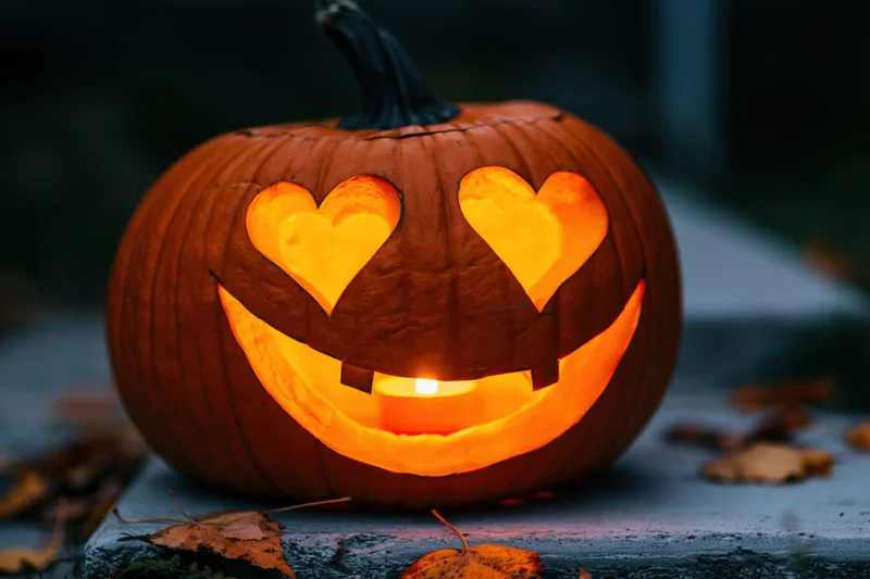 Carved pumpkin with heart-shaped eyes and smiling mouth glowing on stone steps at night