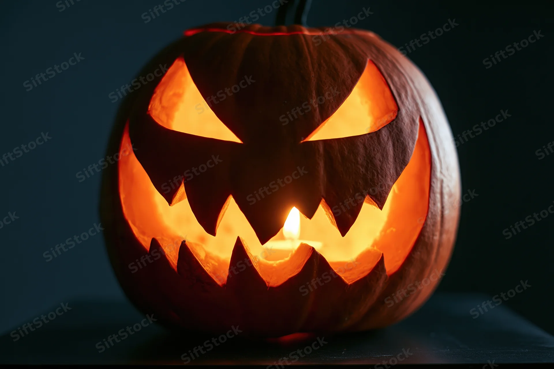 Carved pumpkin with jagged grin illuminated by candlelight on dark surface