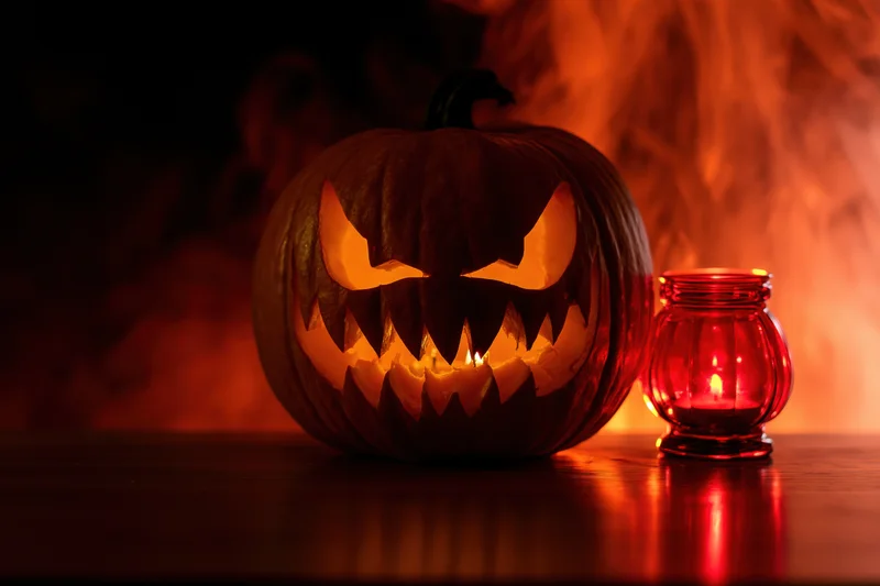 Carved jack-o-lantern with jagged face glowing beside a red candle on a dark wooden table with smoke in the background