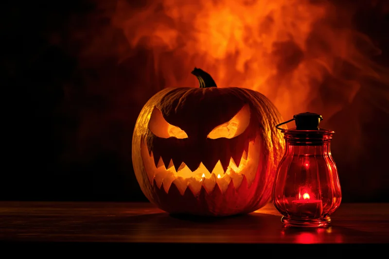 Carved jack-o-lantern with jagged face glowing beside a red lantern on a wooden table at night