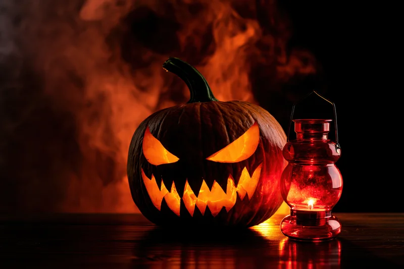 Carved jack-o-lantern with jagged face glowing beside red lantern on dark wooden surface with smoke in background