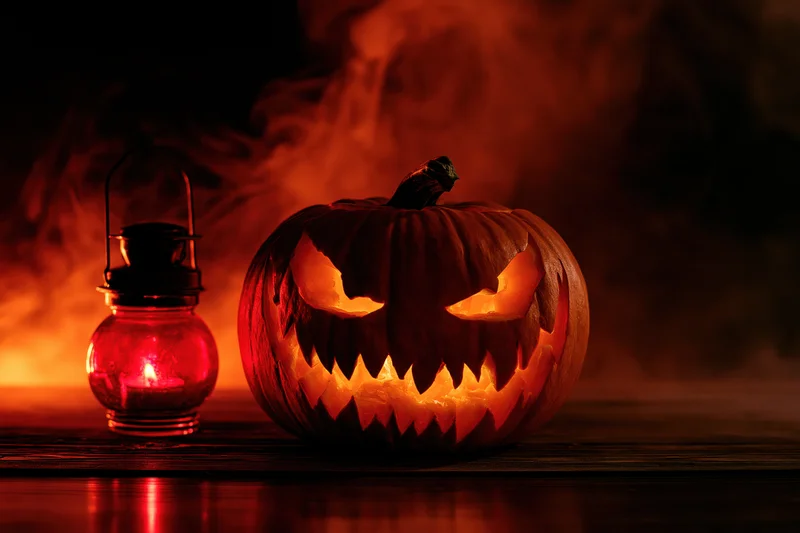 Carved pumpkin with jagged face glowing beside a red lantern on a wooden table in smoky dark setting