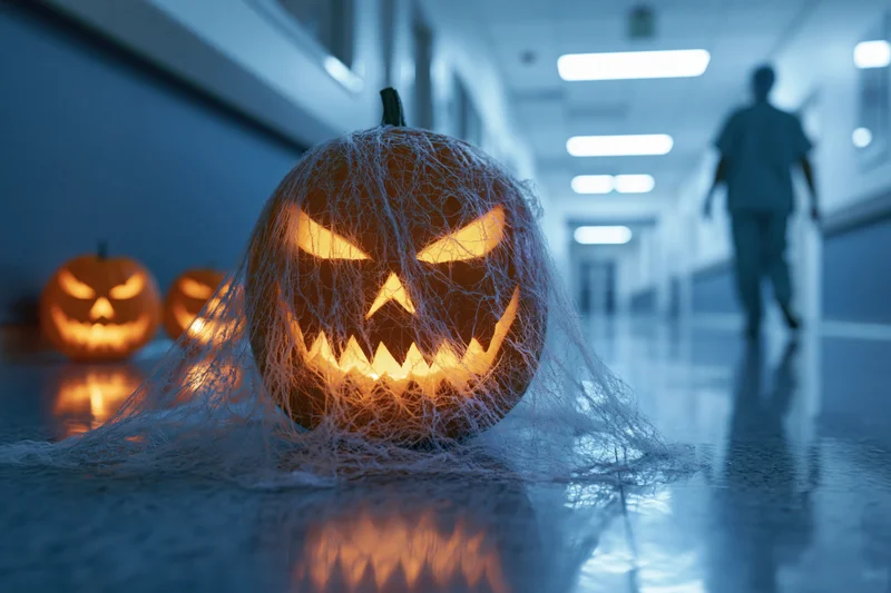 Carved glowing jack-o-lantern covered in fake cobwebs on hospital hallway floor with nurse walking in background