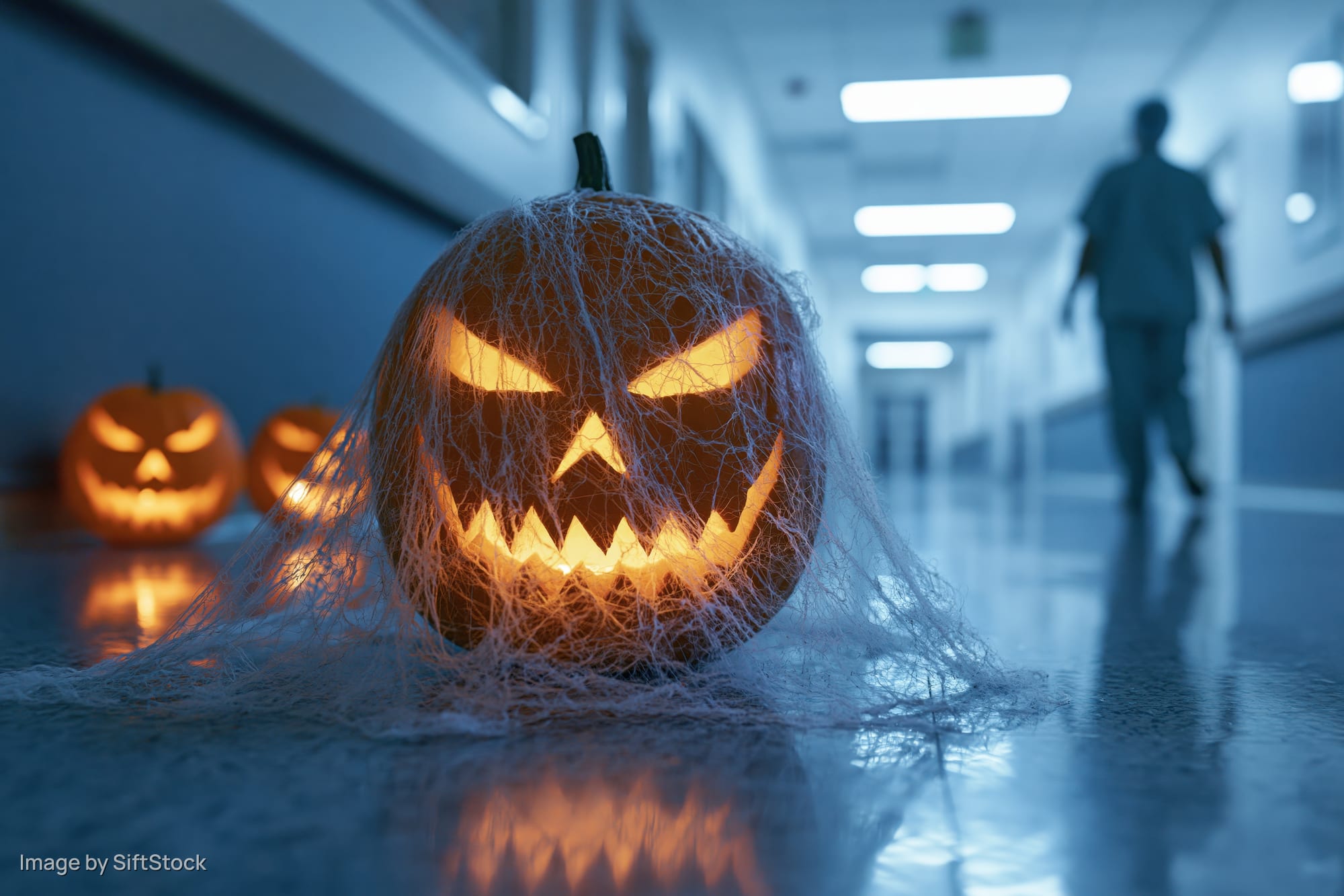 Carved glowing jack-o-lantern covered in fake cobwebs on hospital hallway floor with nurse walking in background
