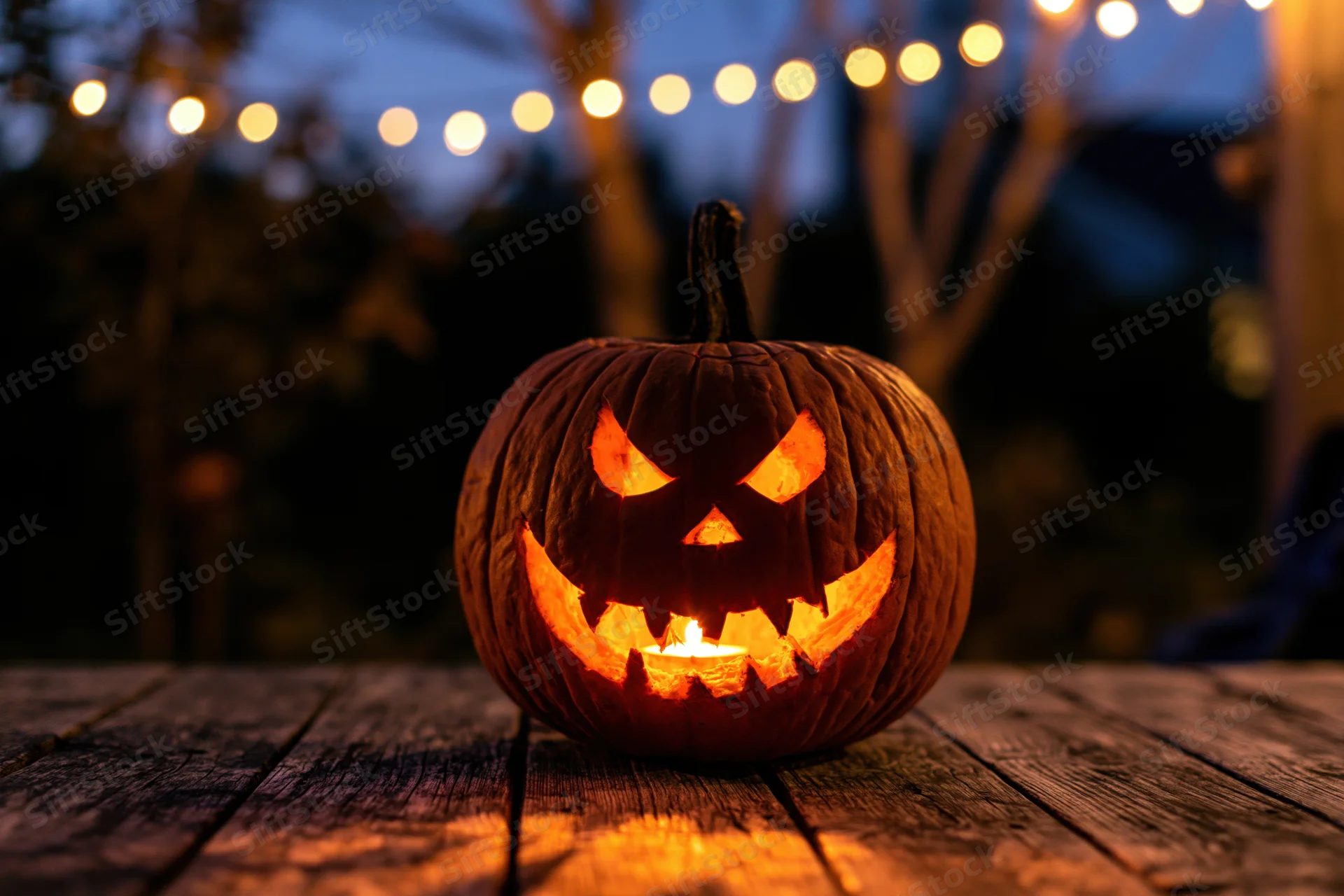 Carved jack-o-lantern glowing with candlelight on weathered wooden table at night