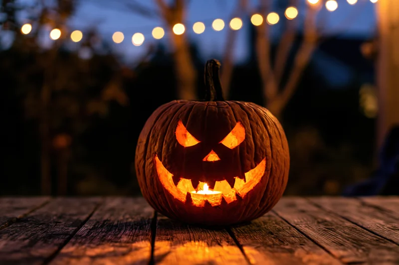 Carved jack-o-lantern glowing with candlelight on weathered wooden table at night