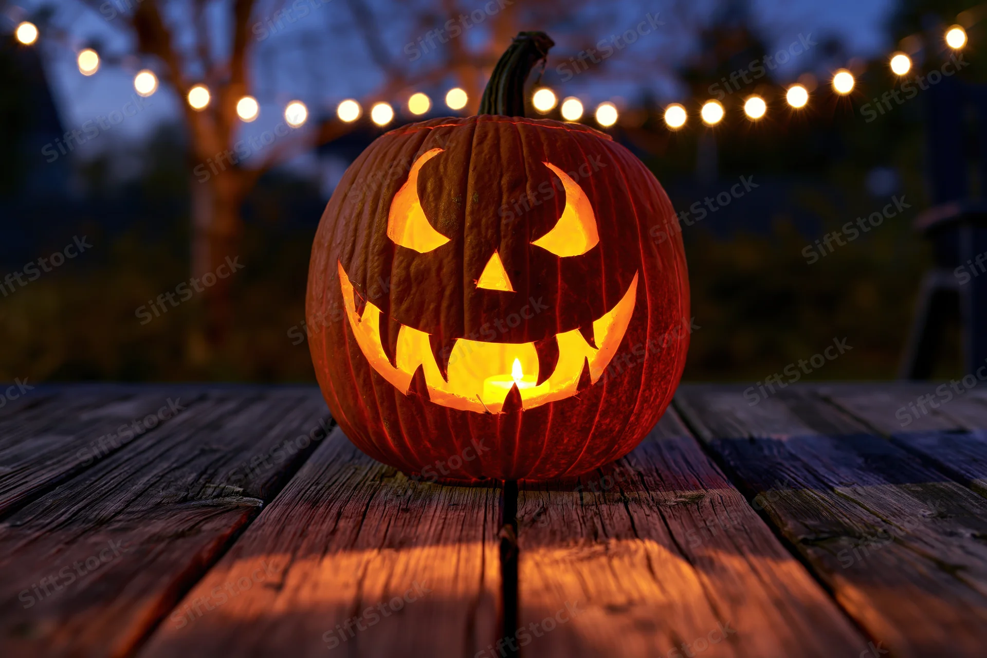 Carved jack-o-lantern glowing with candlelight on wooden table at night outdoors