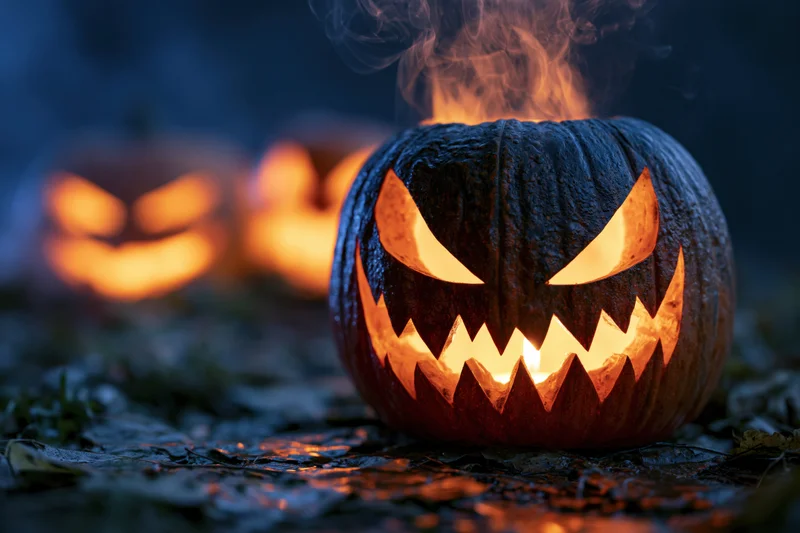 Carved jack-o-lantern glowing with fire and smoke on damp leaves at night