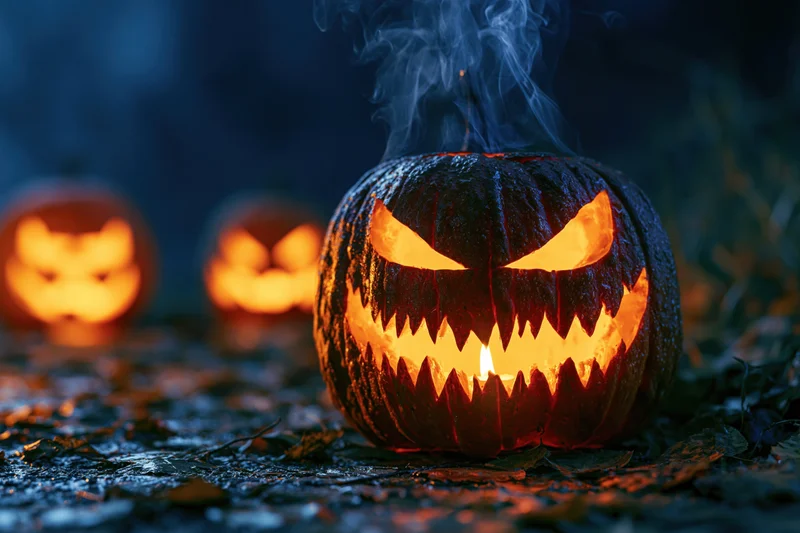 Carved jack-o-lantern glowing with candlelight and smoke on damp leafy ground at night