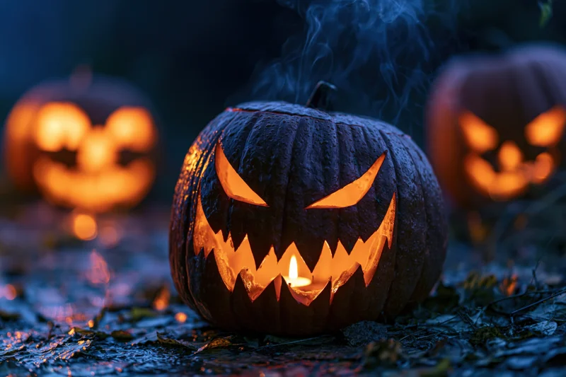 Carved jack-o-lantern glowing with candlelight on damp ground at night