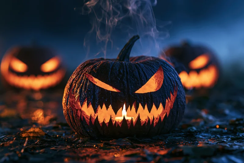 Carved jack-o-lantern glowing with candlelight and smoke on damp ground at night