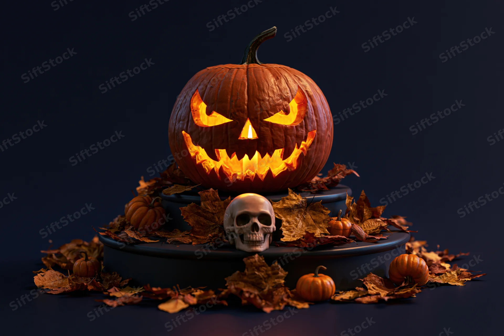 Carved jack-o-lantern glowing orange from within on a tiered platform surrounded by autumn leaves and a skull