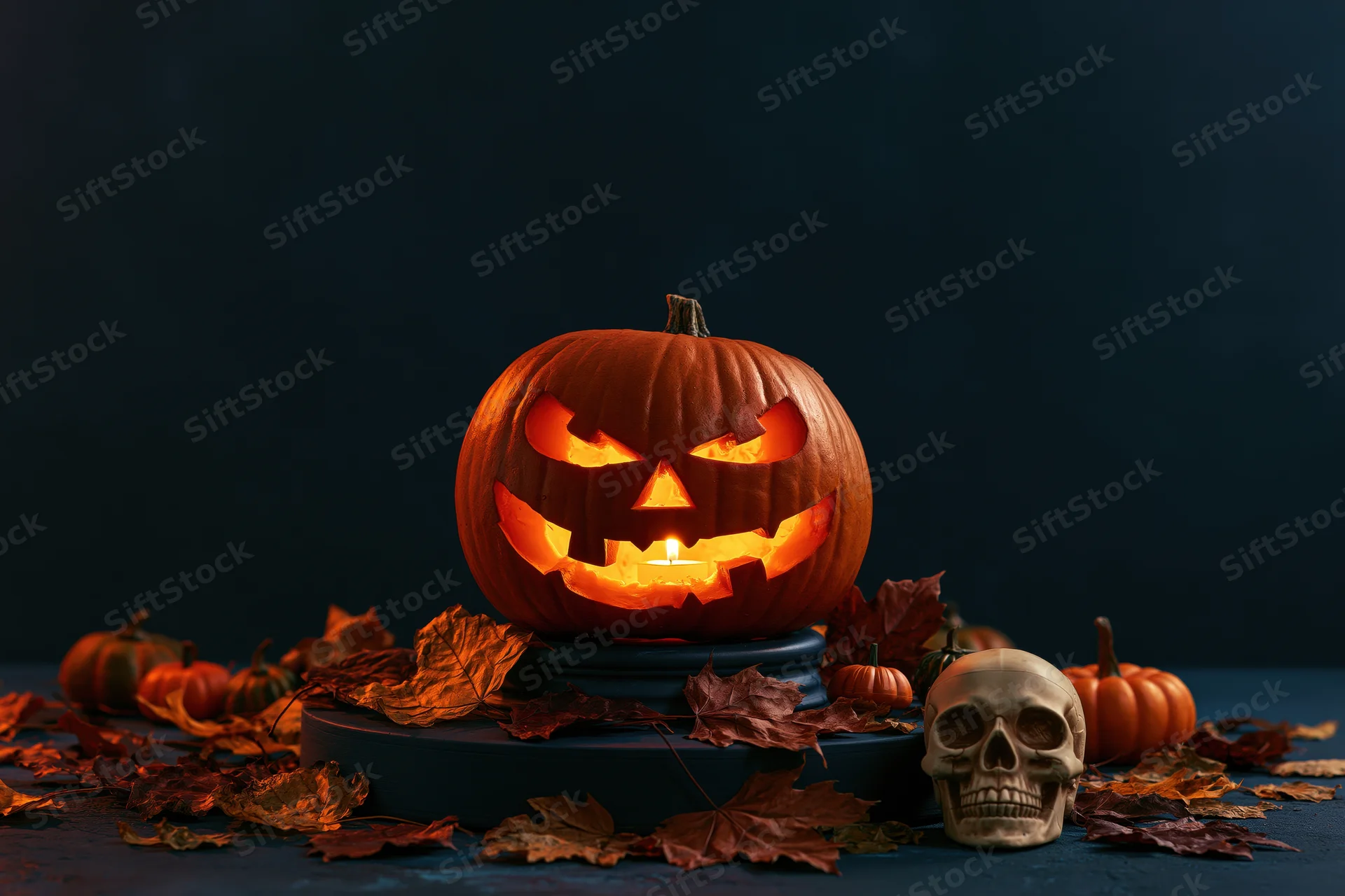 Carved jack-o-lantern glowing with candlelight beside a skull and autumn leaves on a dark surface
