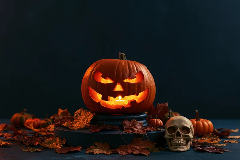 Carved jack-o-lantern glowing with candlelight beside a skull and autumn leaves on a dark surface