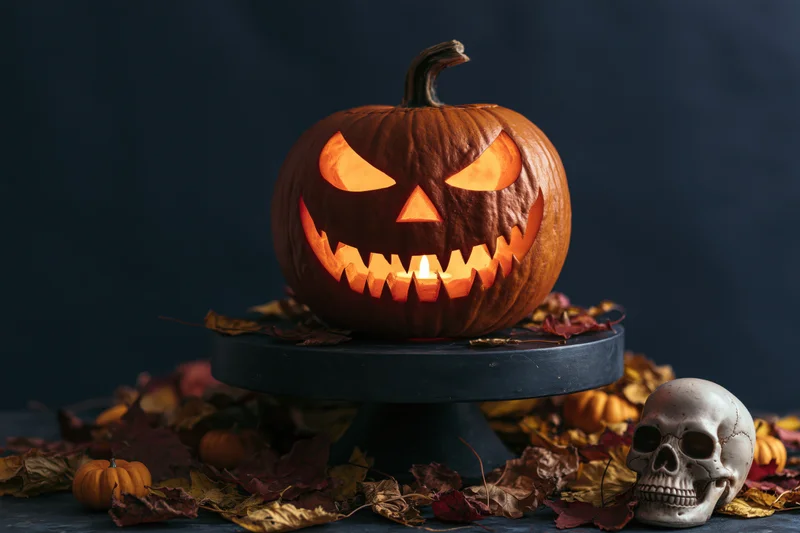Carved jack-o-lantern glowing with candlelight on a stand surrounded by autumn leaves and a skull