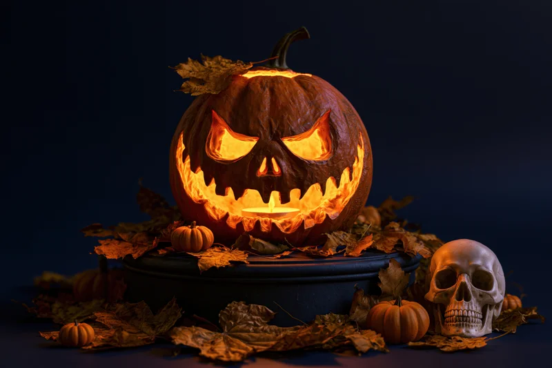 Carved jack-o-lantern glowing with candlelight surrounded by dried leaves and a skull on a dark surface